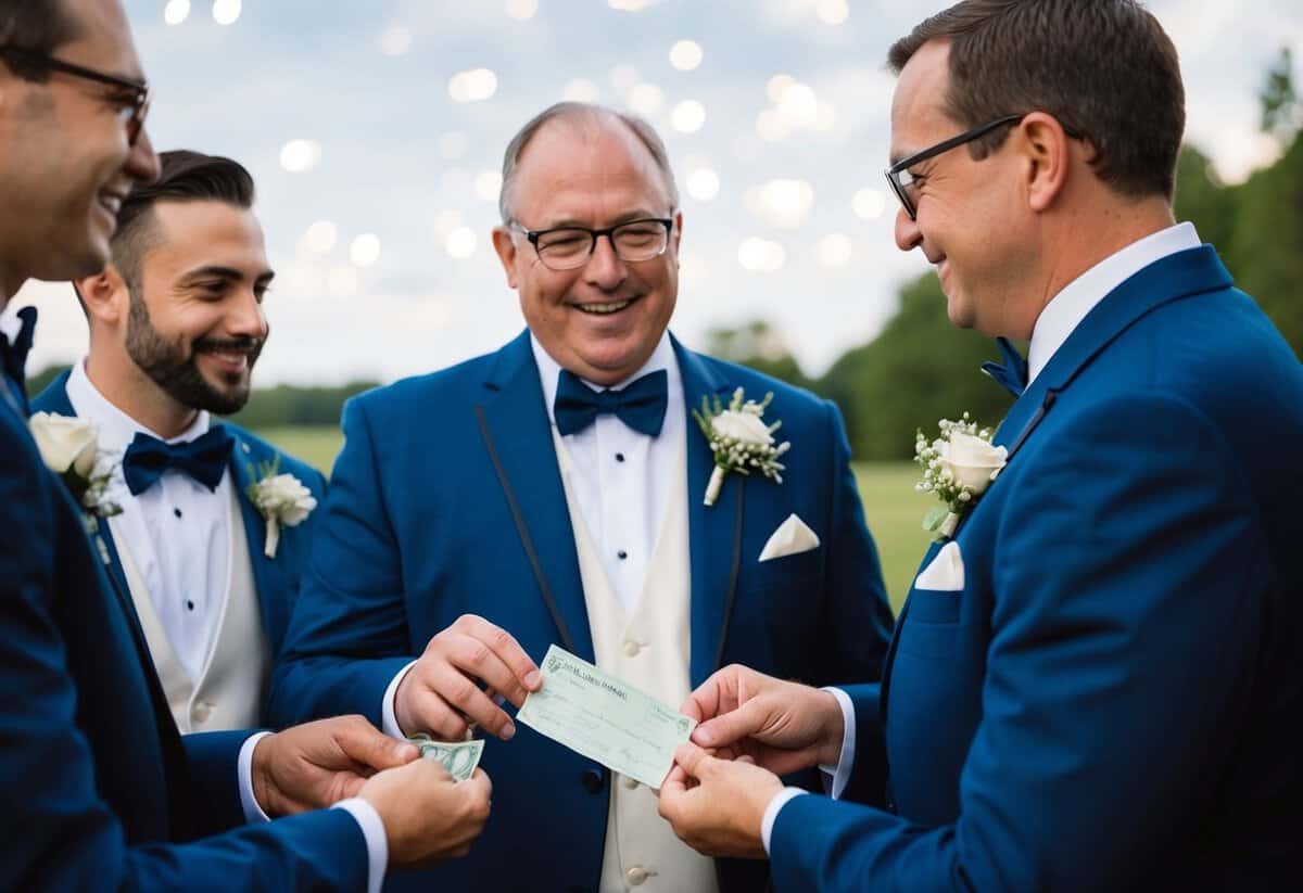 The groom's parents pay for the rehearsal dinner, groomsmen's attire, and the marriage license