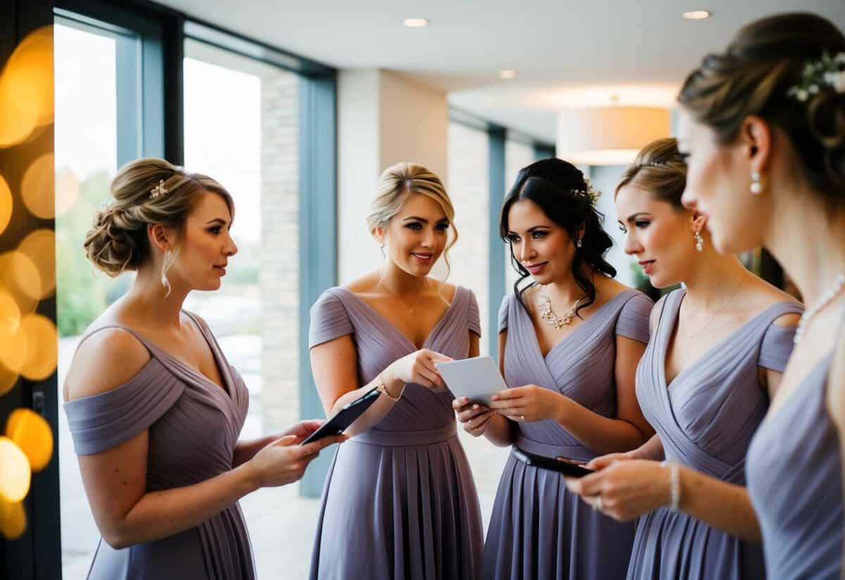 Bridesmaids checking in at a hotel, discussing payment for their rooms
