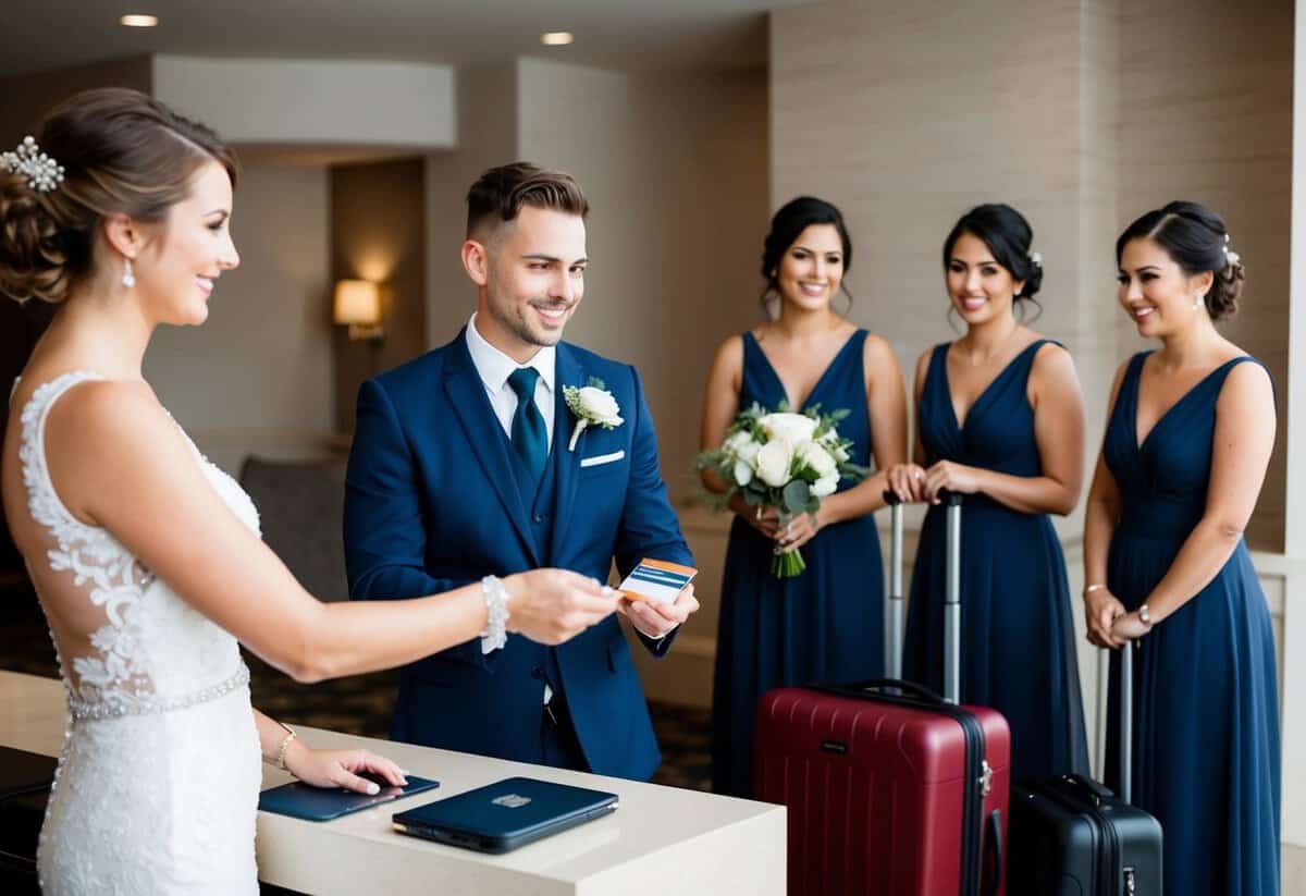 A bride handing over her credit card to the hotel receptionist while her bridesmaids stand nearby with their luggage