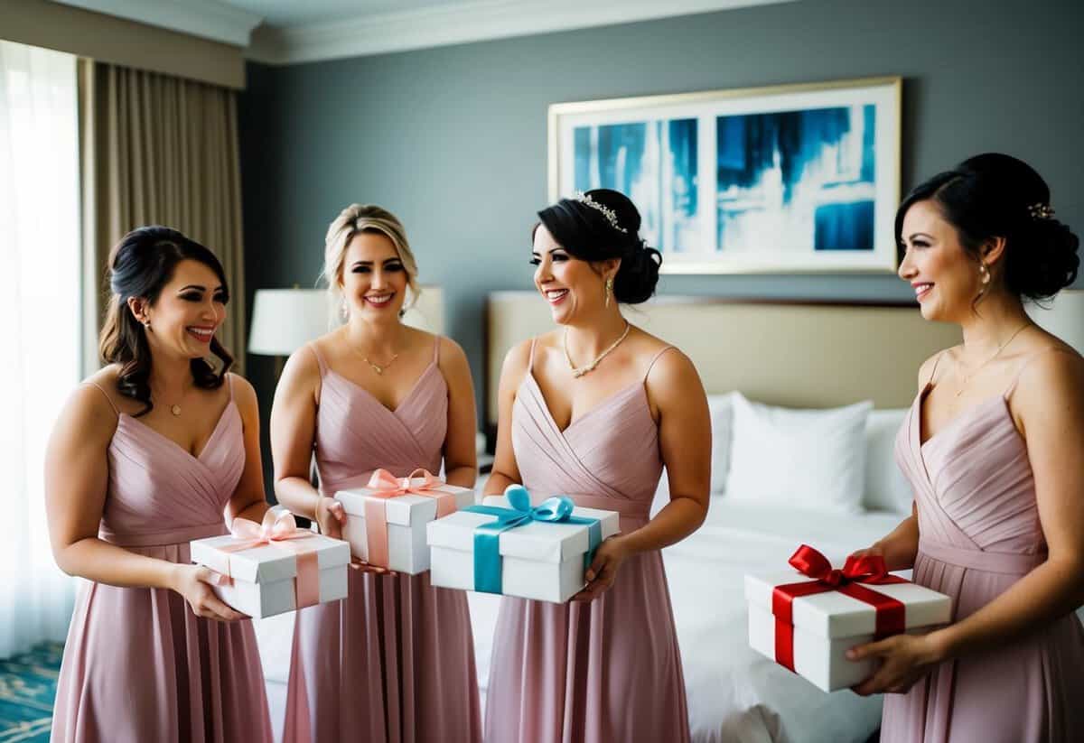 Bridesmaids receive gifts in hotel room