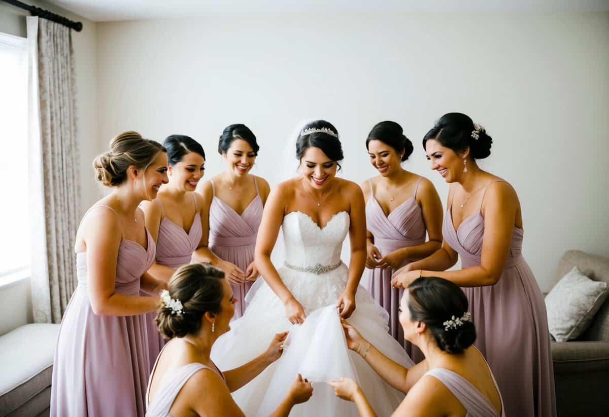 Bridesmaids gather around the bride, arranging her gown and accessories for the big day, sharing laughter and stories as they prepare for the wedding