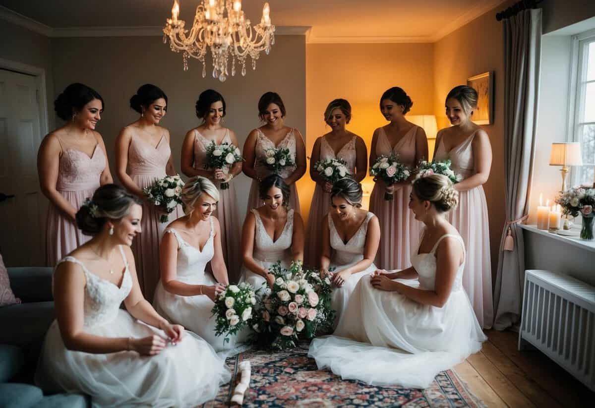 Bridesmaids gather in a cozy, candlelit room, arranging flowers and laying out dresses for the big day