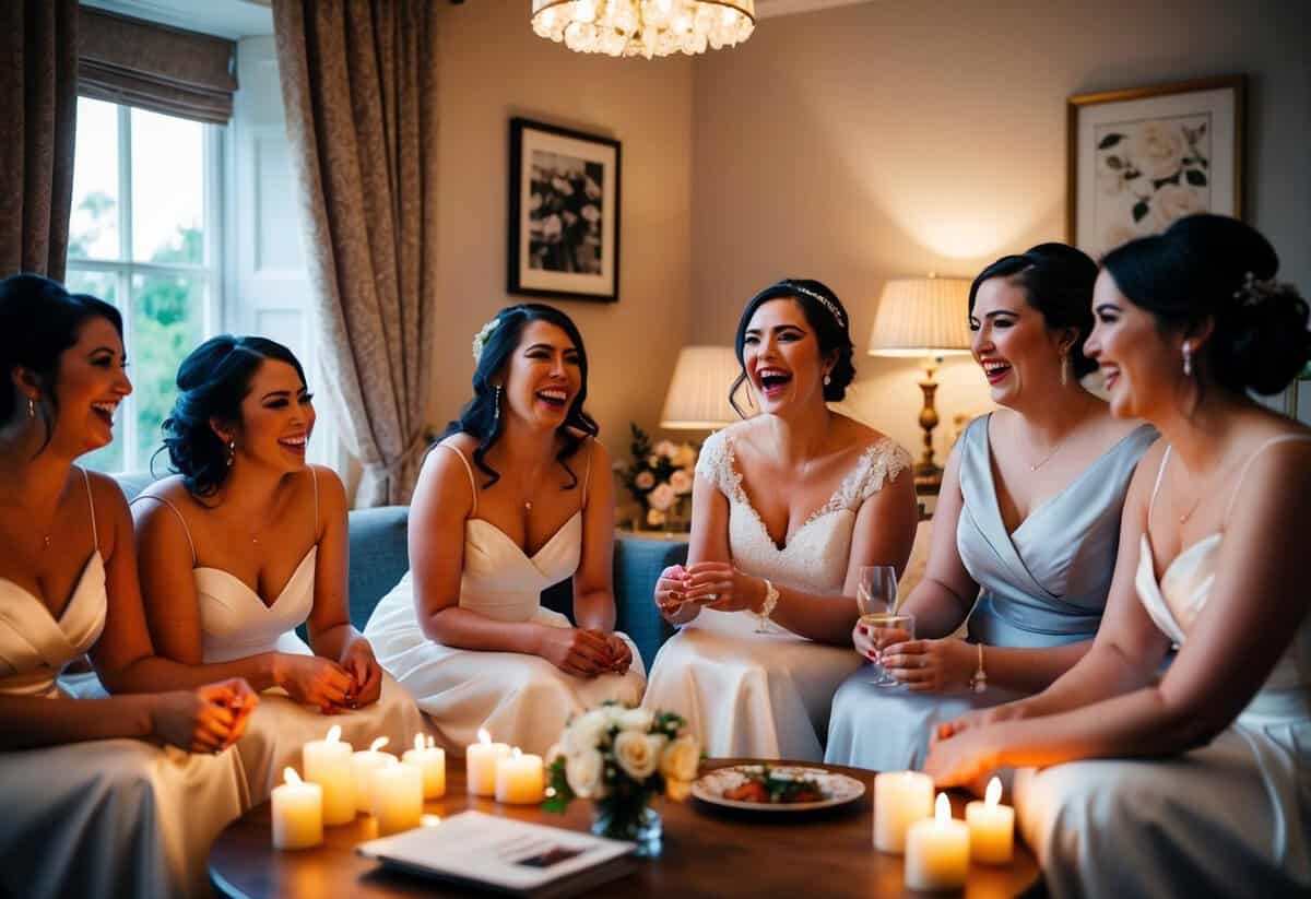 A bride and her bridesmaids gather in a cozy, candlelit room, sharing laughter and stories as they prepare for the upcoming wedding day