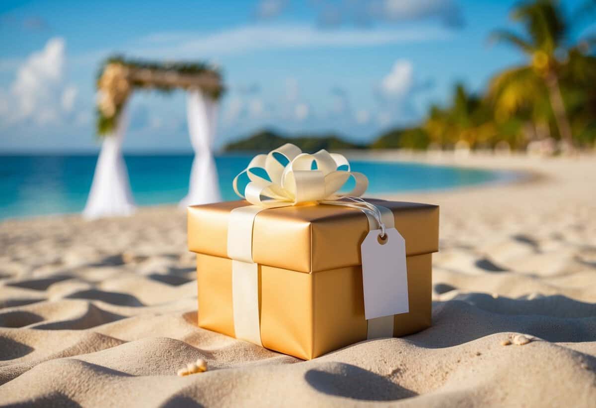 A beautifully wrapped gift box with a bow and tag sits on a sandy beach with a tropical destination wedding setting in the background