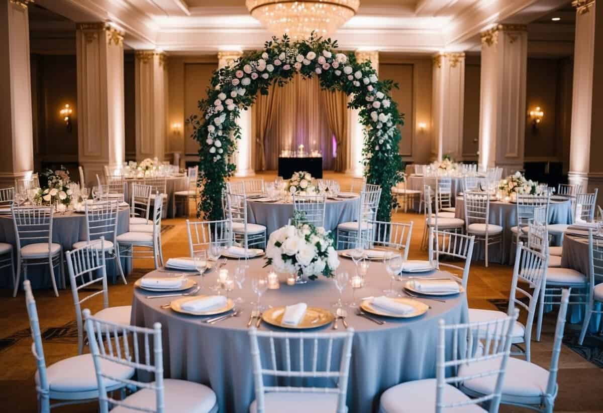 A grand ballroom with elegant décor and a floral arch at the center, surrounded by round tables and chairs set for a wedding reception