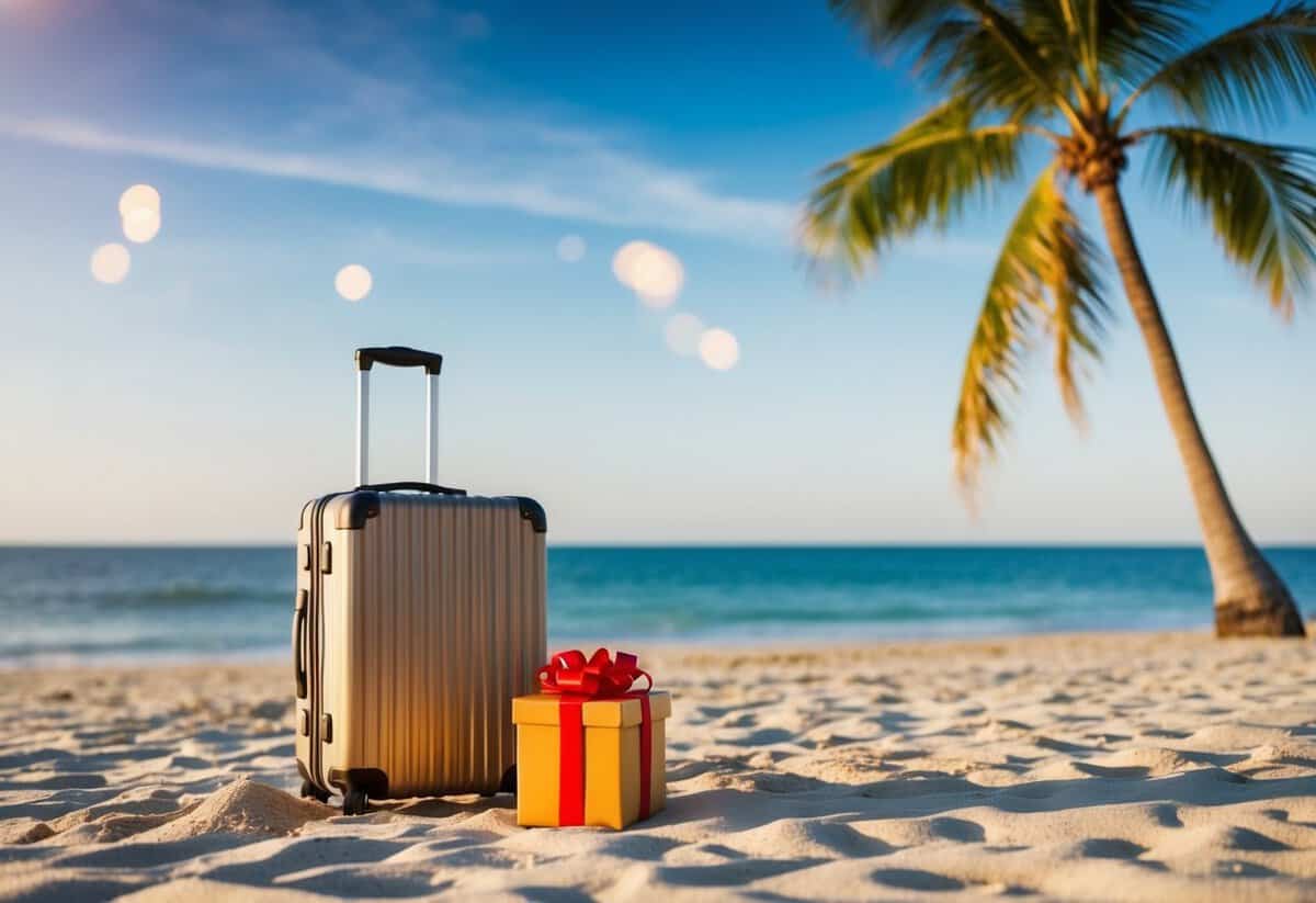 A beach with a palm tree, a suitcase, and a wrapped gift box on the sand