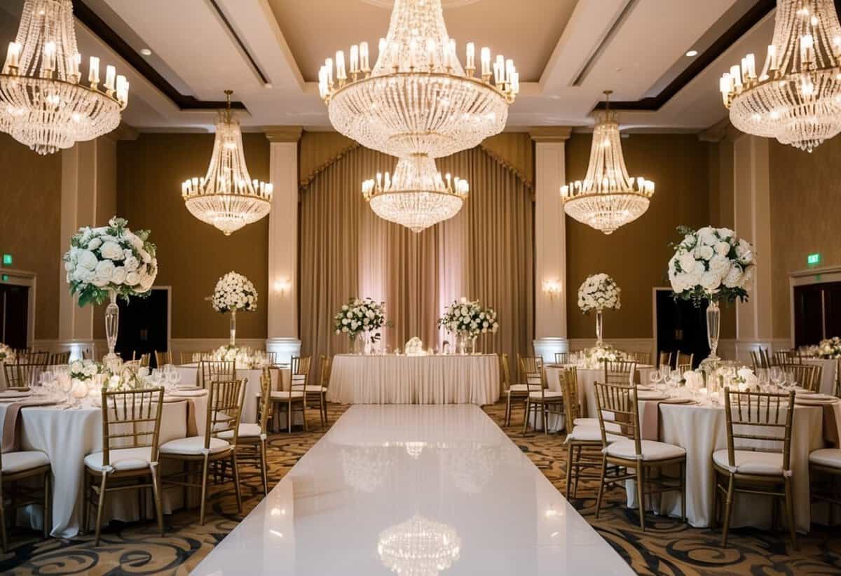 A grand hotel ballroom with elegant decor and chandeliers, set up for a wedding ceremony and reception