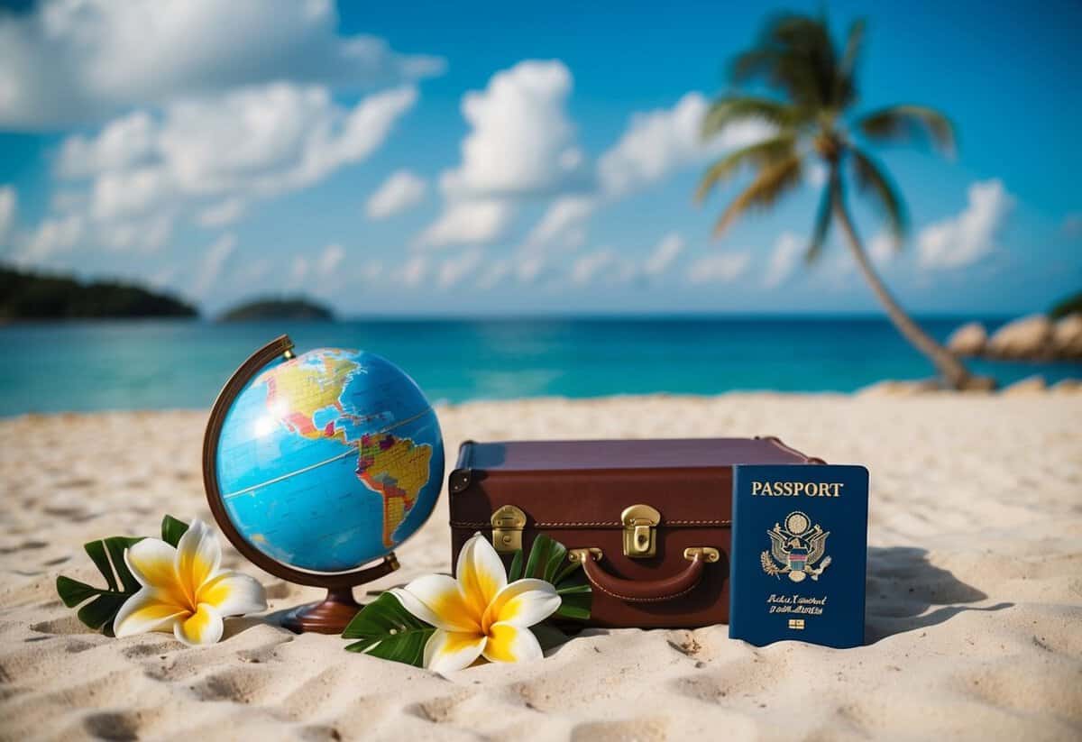 A beach setting with a suitcase, passport, and tropical flowers. A map or globe could be included to represent the destination aspect of the wedding