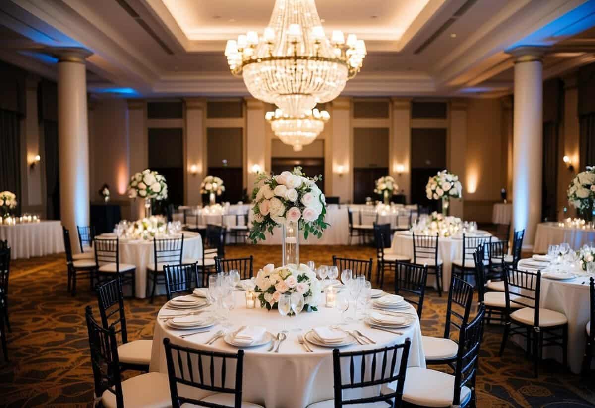 A grand hotel ballroom set up for a wedding reception, with elegant table settings, floral centerpieces, and soft lighting