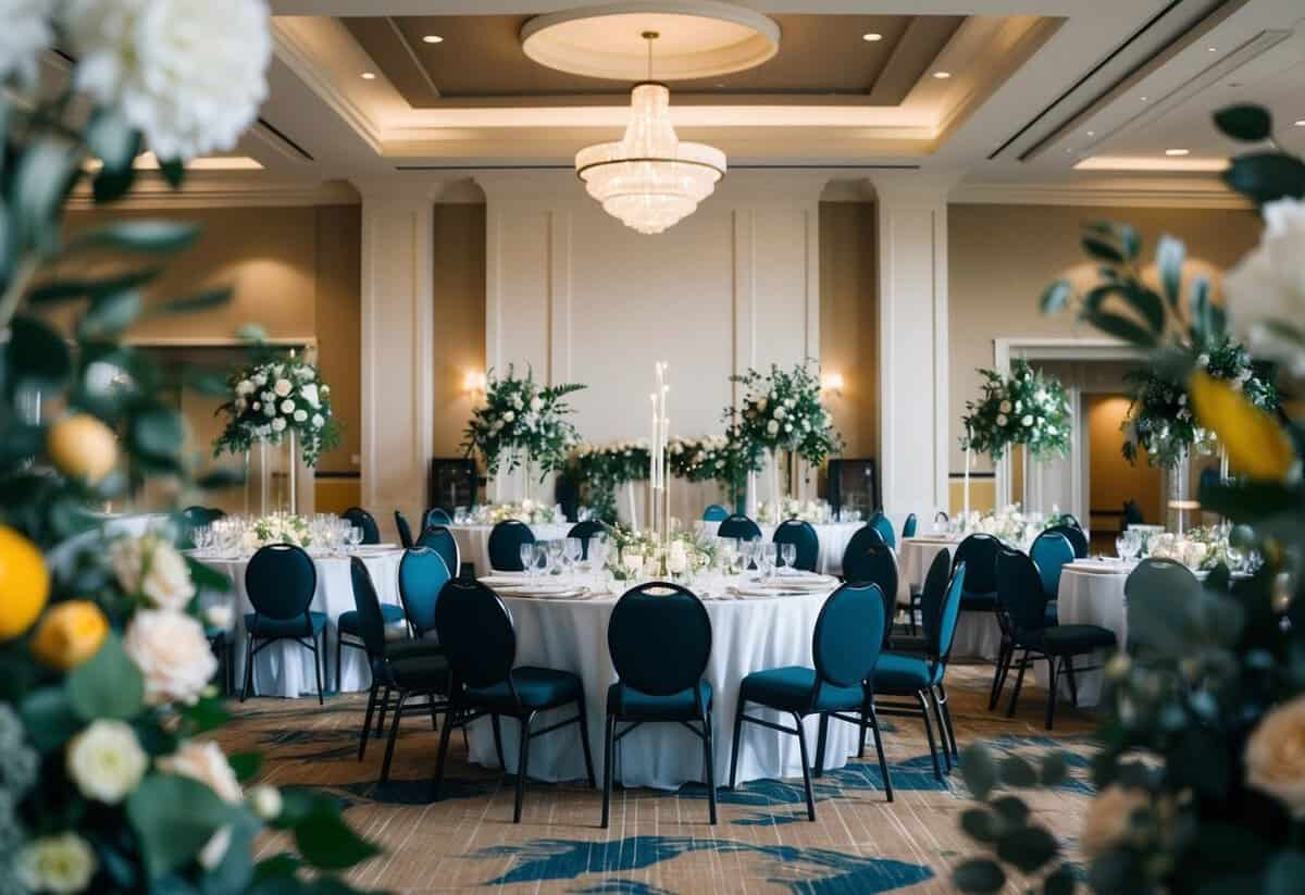 A hotel banquet hall with elegant decor and wedding setup, surrounded by seasonal flowers and foliage