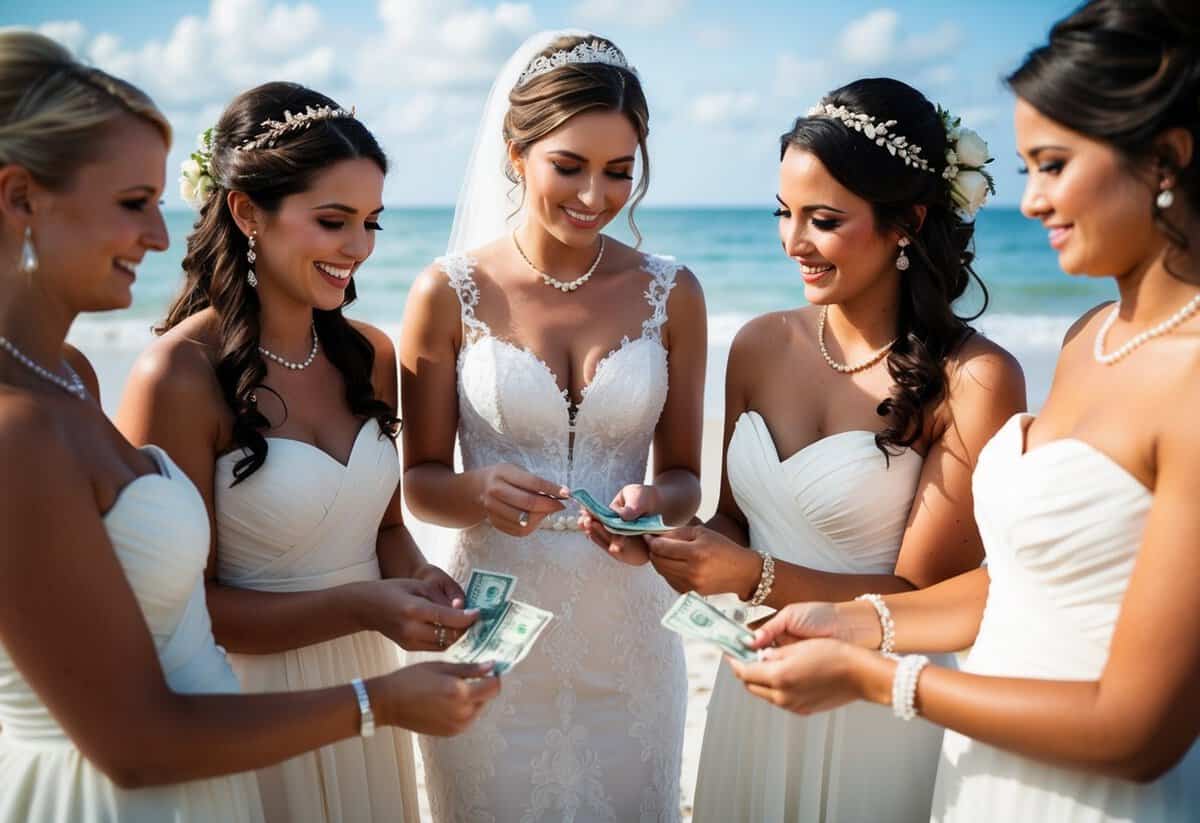 A bride surrounded by bridesmaids at a beach wedding, exchanging money and discussing payment