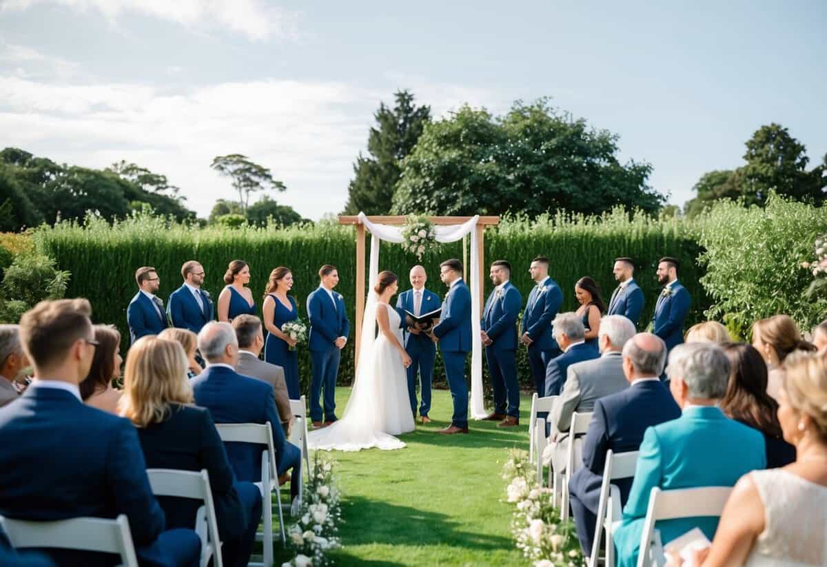 A simple outdoor ceremony in a garden with minimal decorations and a small group of guests