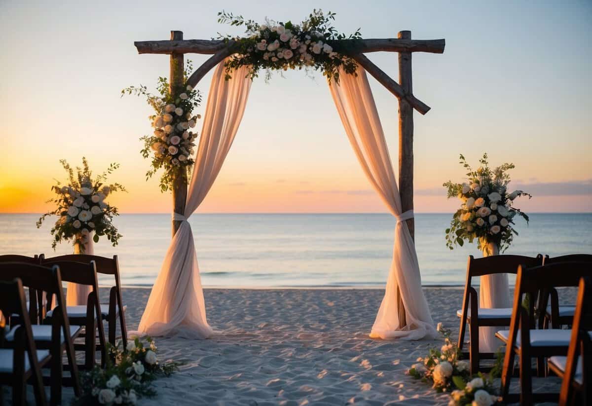 A serene beach at sunset, with a rustic arch adorned with flowers and billowing curtains, set up for a wedding ceremony