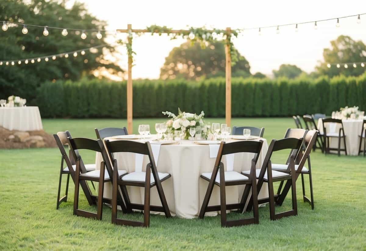 A simple outdoor garden wedding with minimal decorations and seating