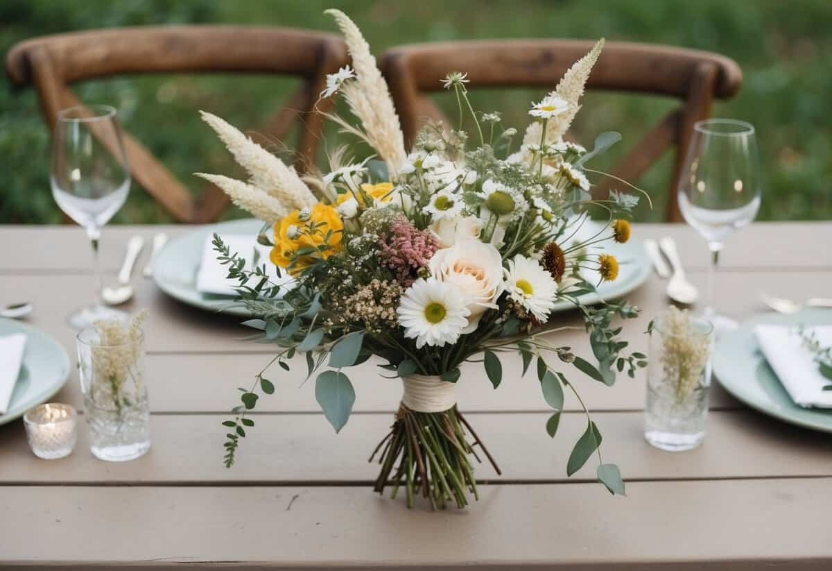 A rustic outdoor wedding with wildflower bouquets and simple decor