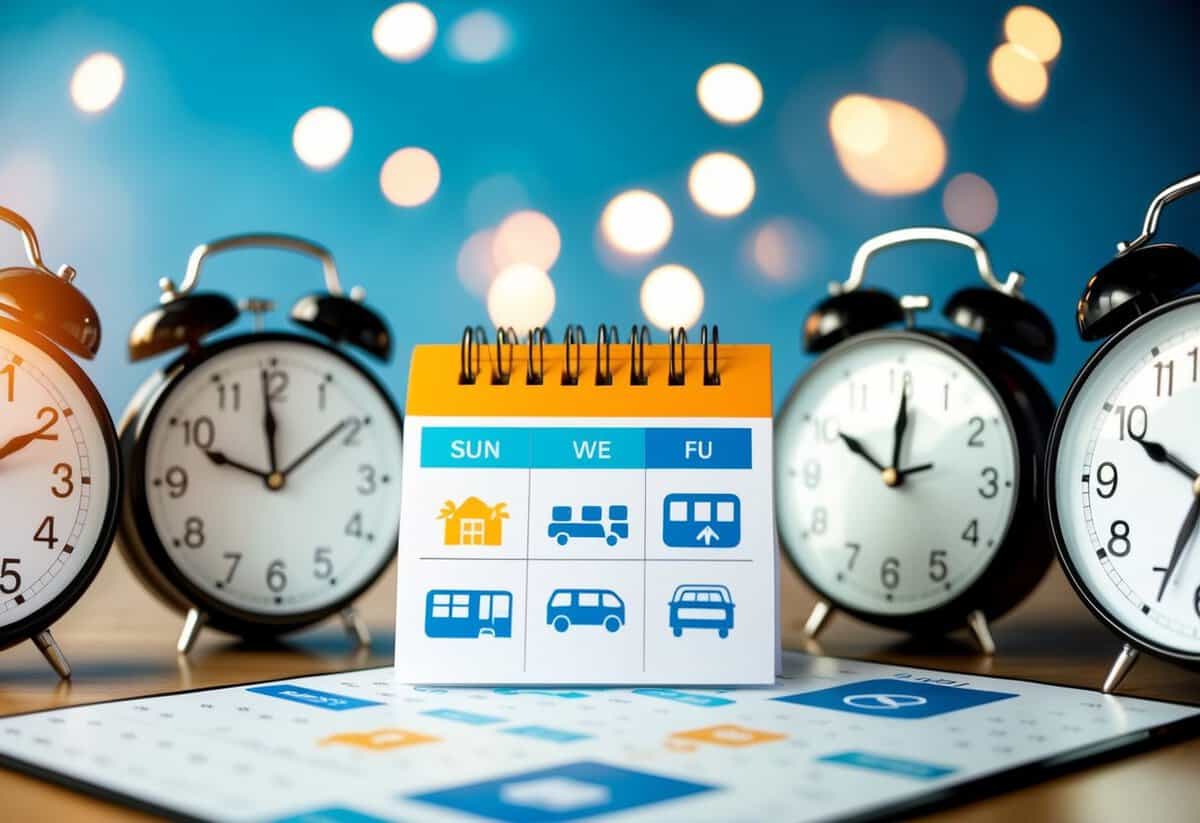 A calendar with travel and accommodation icons, surrounded by clocks showing different time zones