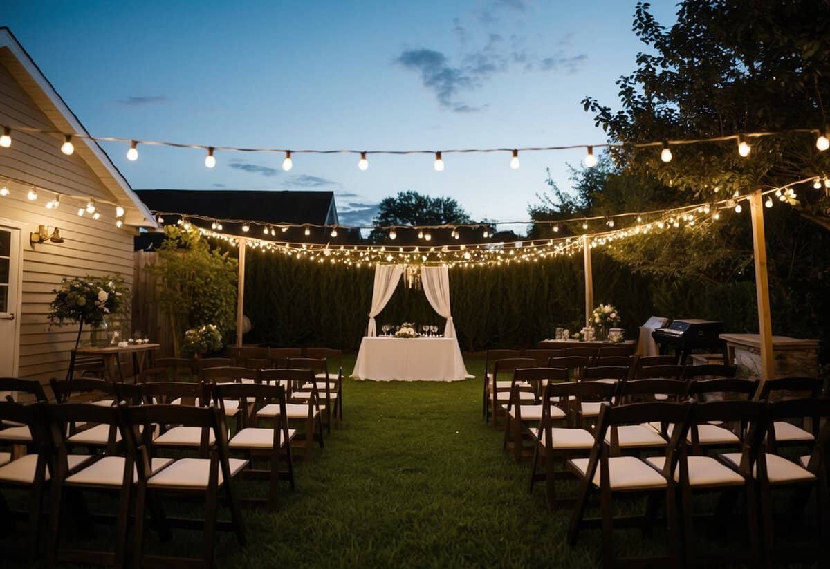 A backyard wedding with homemade decorations and simple seating arrangements under twinkling string lights