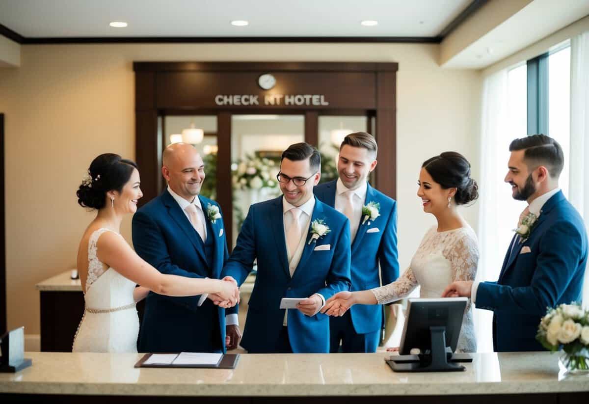 A group of wedding guests check into a hotel, handing over payment at the front desk