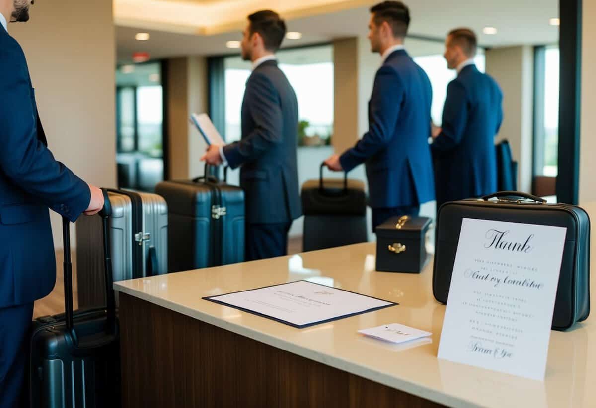 Guests checking into a hotel, luggage in hand, while a wedding invitation and a thank you note sit on the reception desk