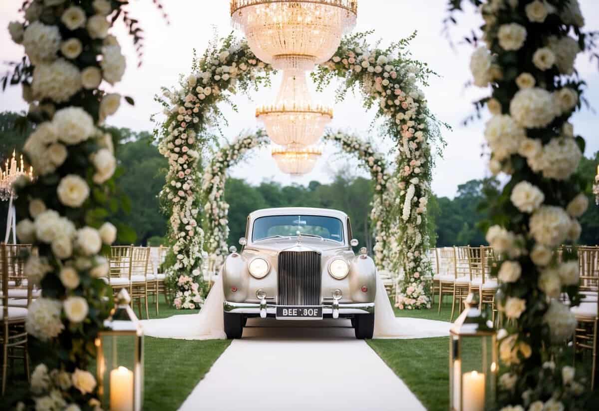 A lavish outdoor wedding with a grand, ornate floral arch, elegant chandeliers, and a gleaming vintage car as the centerpiece