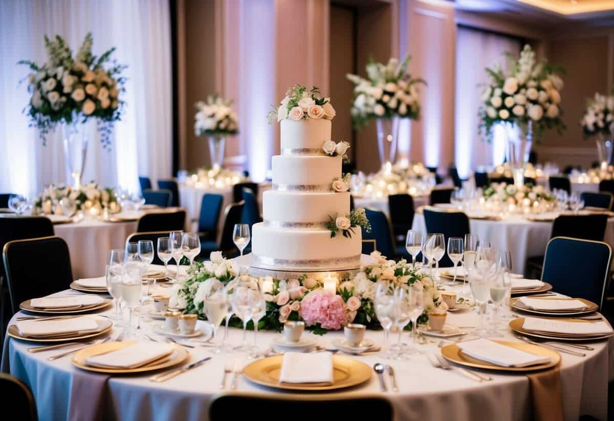 A lavish wedding banquet with elegant table settings, floral centerpieces, and a grand cake on display