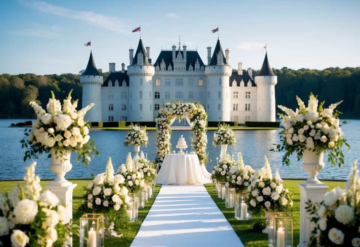 A grand castle overlooking a sparkling lake, adorned with opulent decorations and lavish floral arrangements, the setting for the groom's most expensive wedding