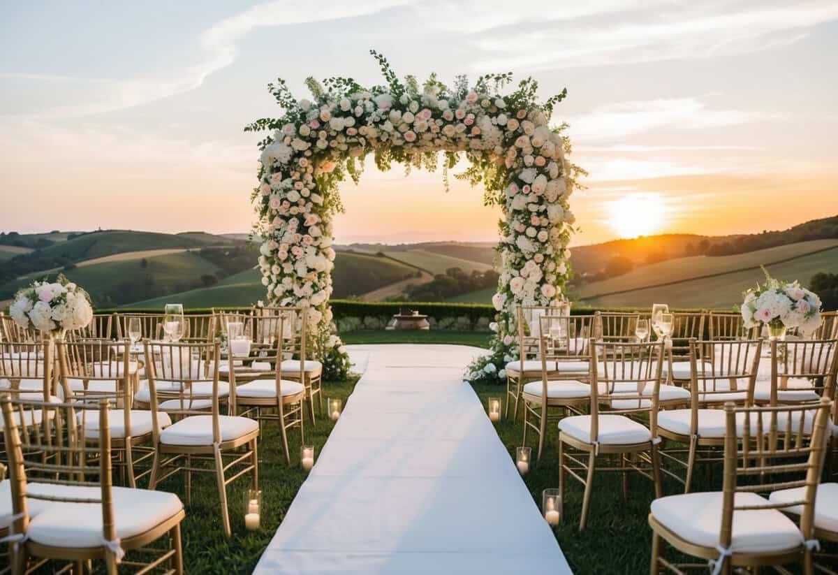 A lavish outdoor wedding venue with a grand floral arch and elegant decor, surrounded by rolling hills and a picturesque sunset