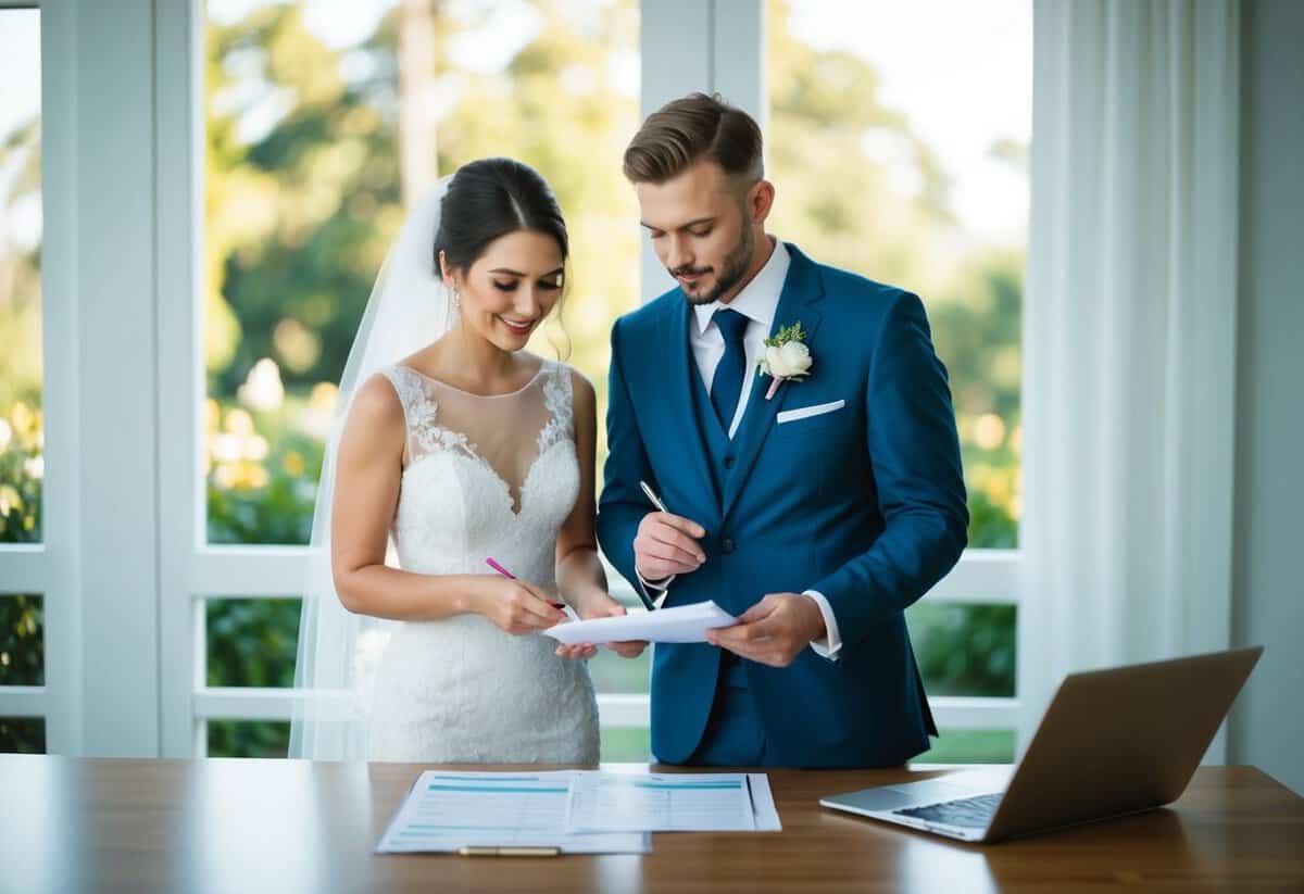A bride and groom standing in front of a budget spreadsheet, discussing wedding expenses and making notes on a piece of paper