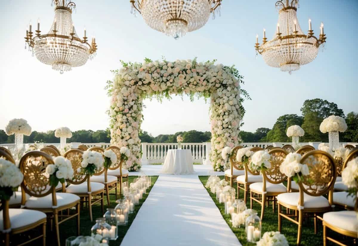 A lavish outdoor wedding with a grand floral arch, crystal chandeliers, and opulent gold and white decor