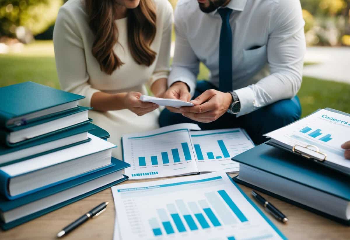 A couple surrounded by wedding planning books and budget spreadsheets, discussing additional costs