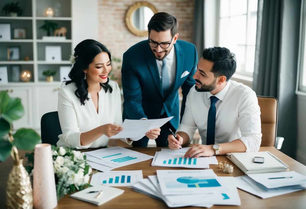 A couple and a wedding planner reviewing budgets and details in a cozy office setting with a table full of wedding decor and planning materials