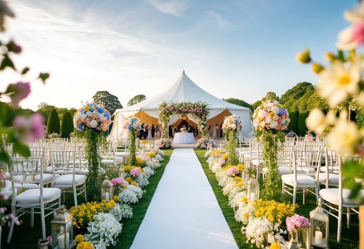 A lavish wedding set in a blooming garden, with colorful decorations and a grand tent, taking place on a warm summer day