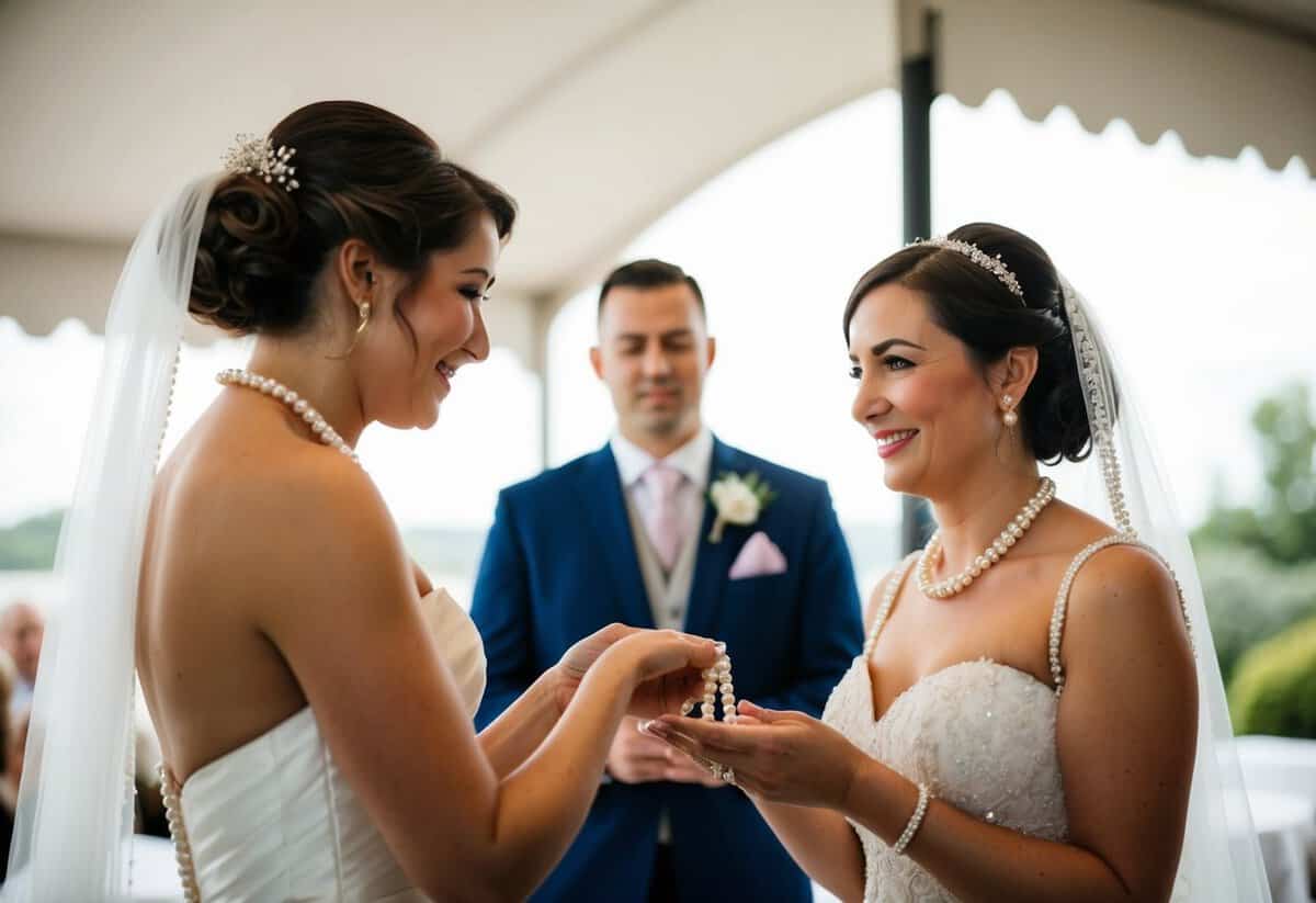 A delicate pearl necklace is presented to the bride by the groom's mother