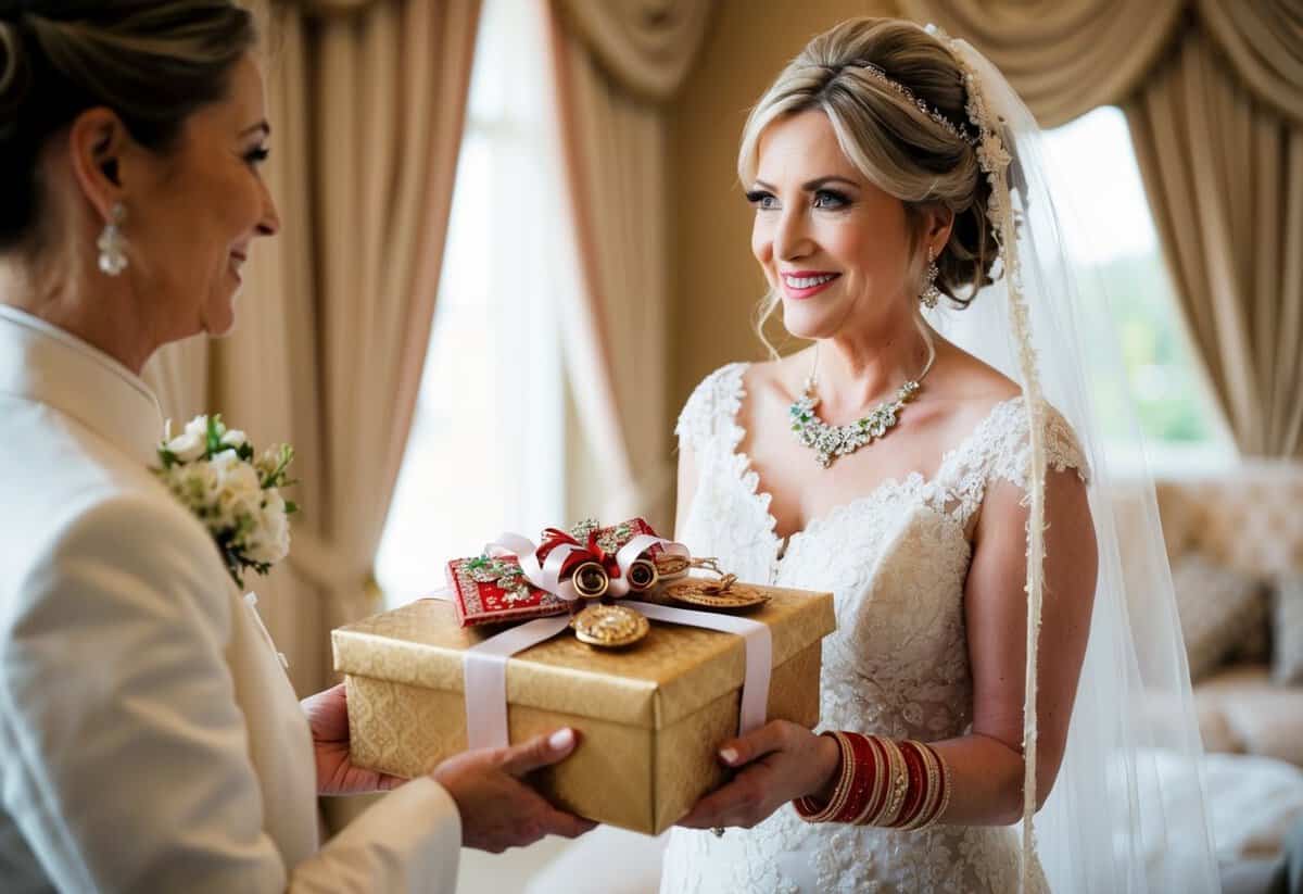 The mother of the groom presents the bride with a beautifully wrapped gift box, adorned with a delicate ribbon and filled with meaningful traditional items