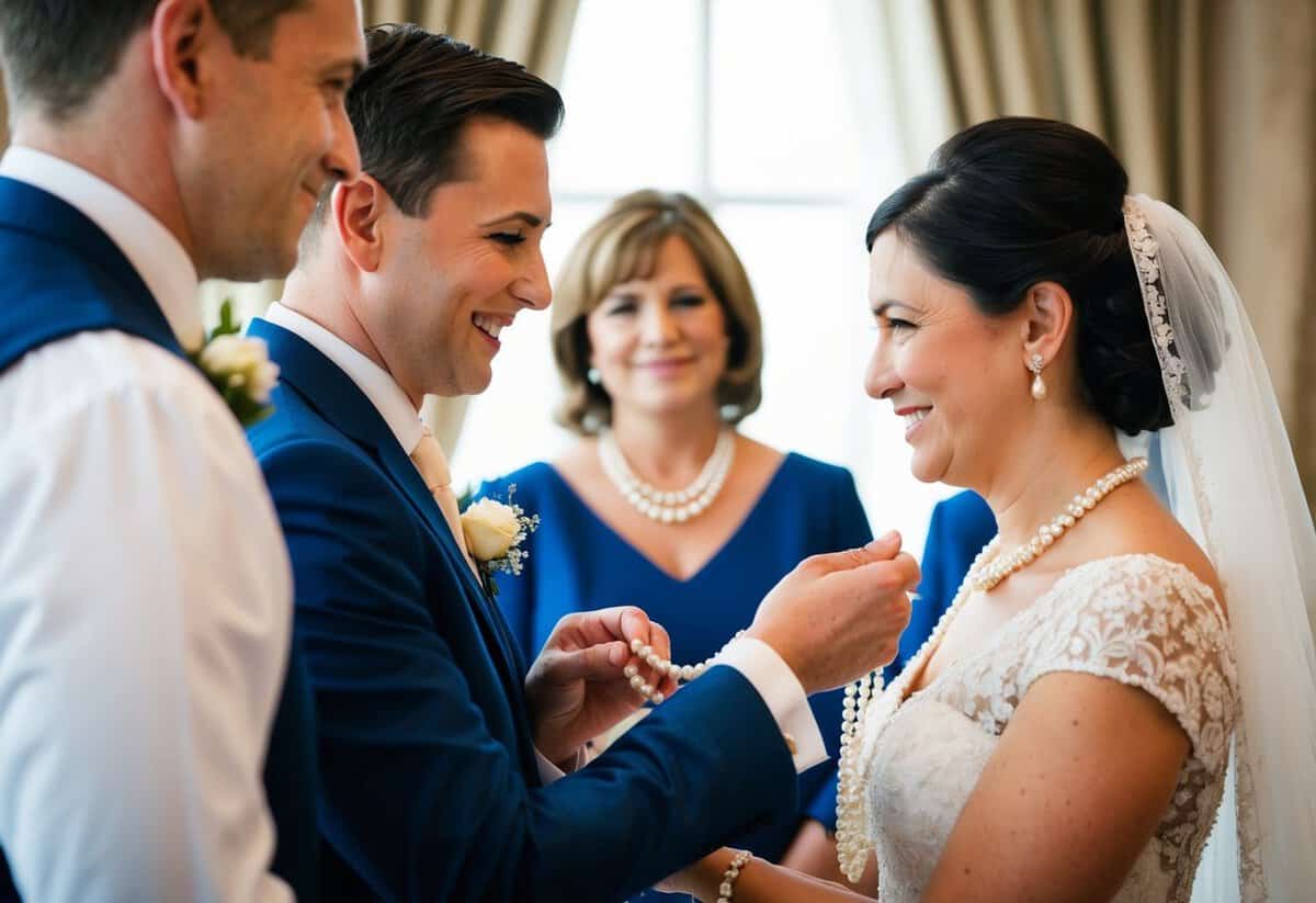 The mother of the groom presents the bride with a delicate pearl necklace, symbolizing her acceptance into the family