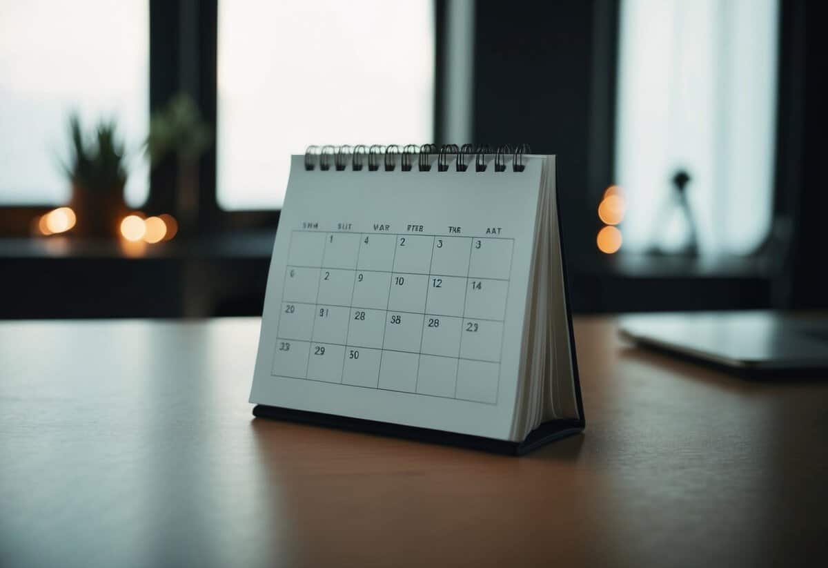 An empty calendar with minimal markings on a dimly lit desk