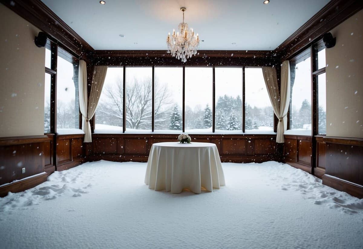 An empty wedding venue on a Tuesday in February, with snow falling outside
