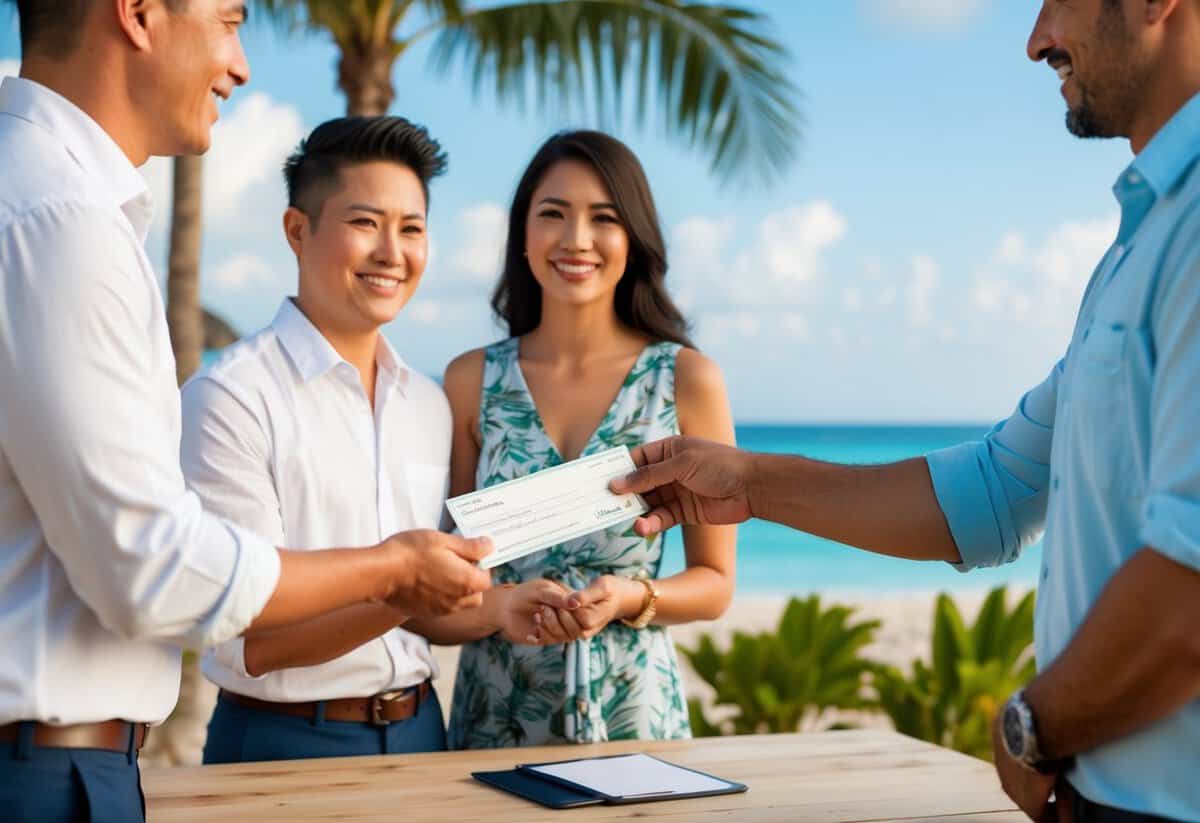 A couple's parents hand over a check to a travel agent, with a tropical beach scene in the background