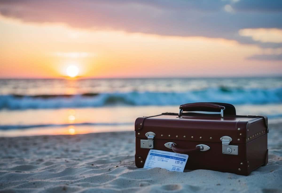 A beach sunset with a suitcase and airplane ticket