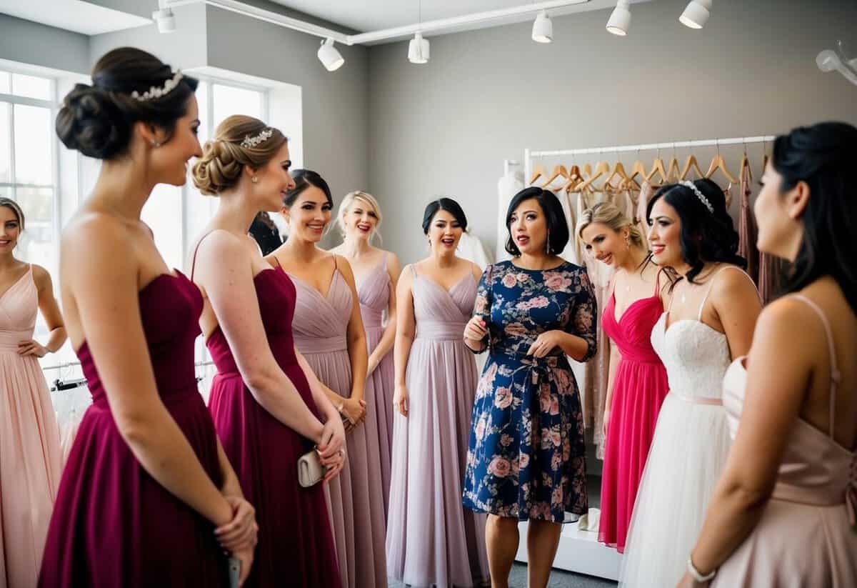 A group of bridesmaids trying on dresses in a boutique while a woman, presumably the bride, watches and offers her opinion