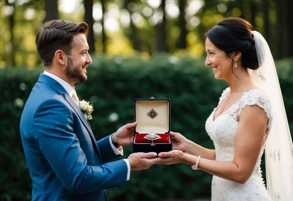 A mother presents her son with a cherished family heirloom on his wedding day