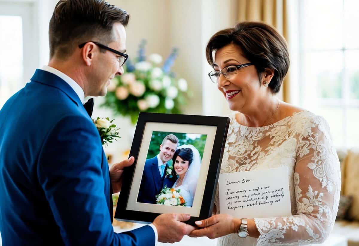 A mother presents her son with a framed photo of them together, a family heirloom, and a handwritten letter expressing her love and best wishes on his wedding day