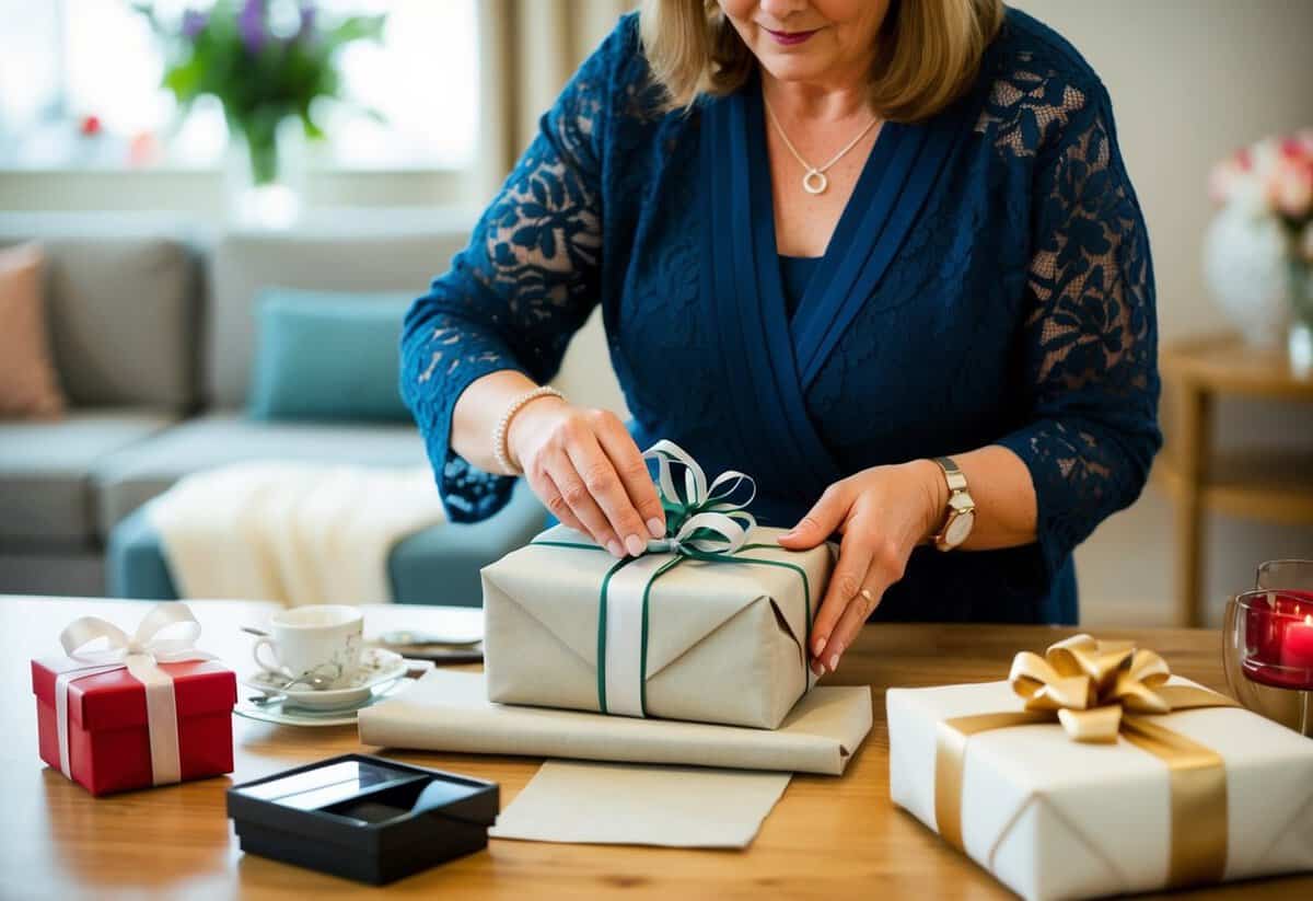 A mother carefully selects and wraps a sentimental gift for her son's wedding day