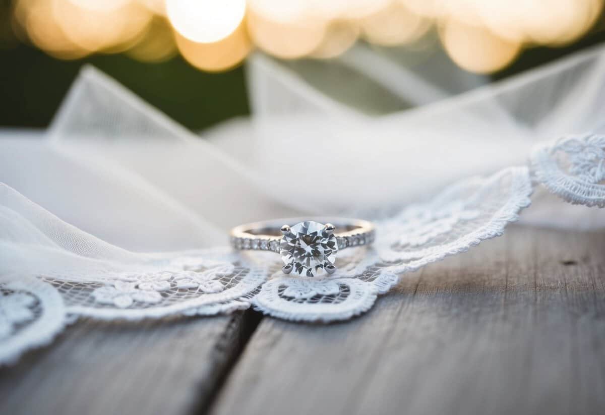 A diamond engagement ring rests on a white lace bridal veil