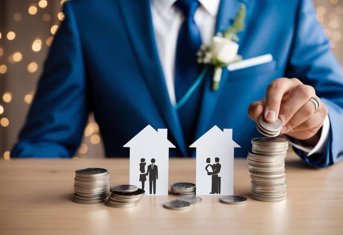 A groom's family pays for wedding expenses. Illustrate a groom's family offering financial support for wedding-related costs