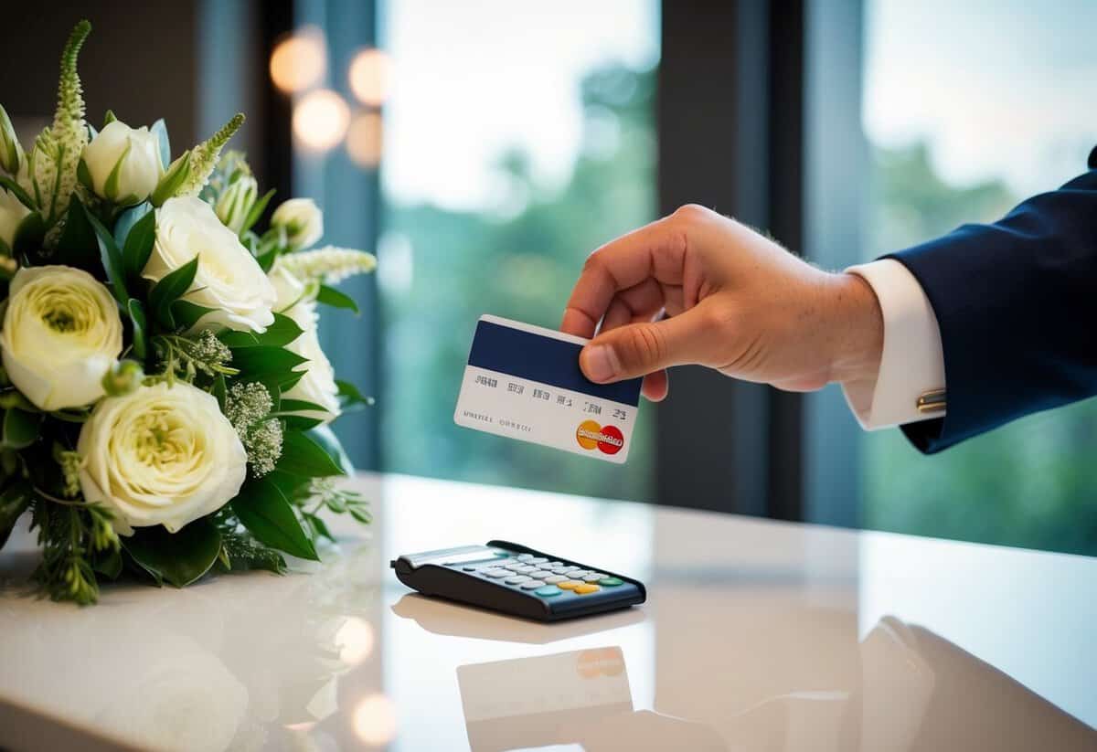 A groom’s hand placing a payment card on a counter next to a bouquet of flowers