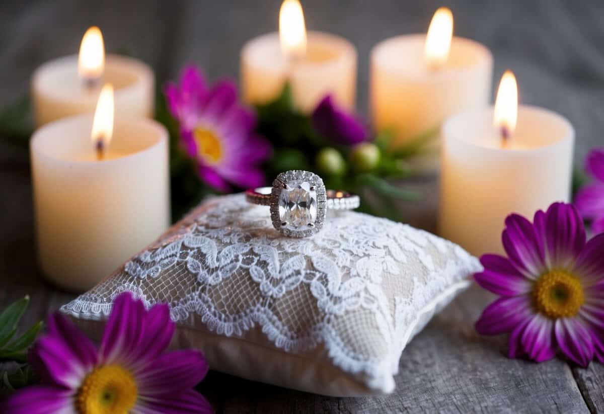A sparkling engagement ring rests on a delicate lace pillow, surrounded by vibrant flowers and soft candlelight