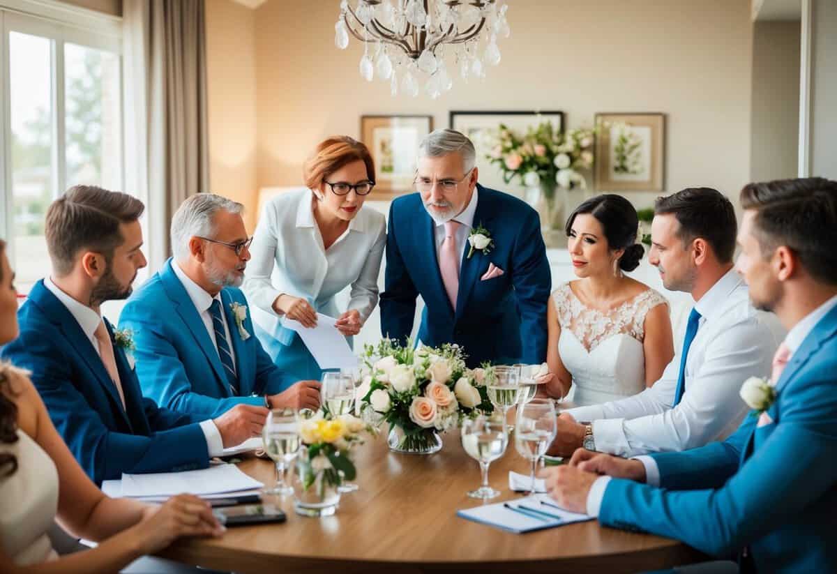 The bride’s and groom’s families gather around a table, discussing and budgeting for wedding expenses, including the cost of flowers