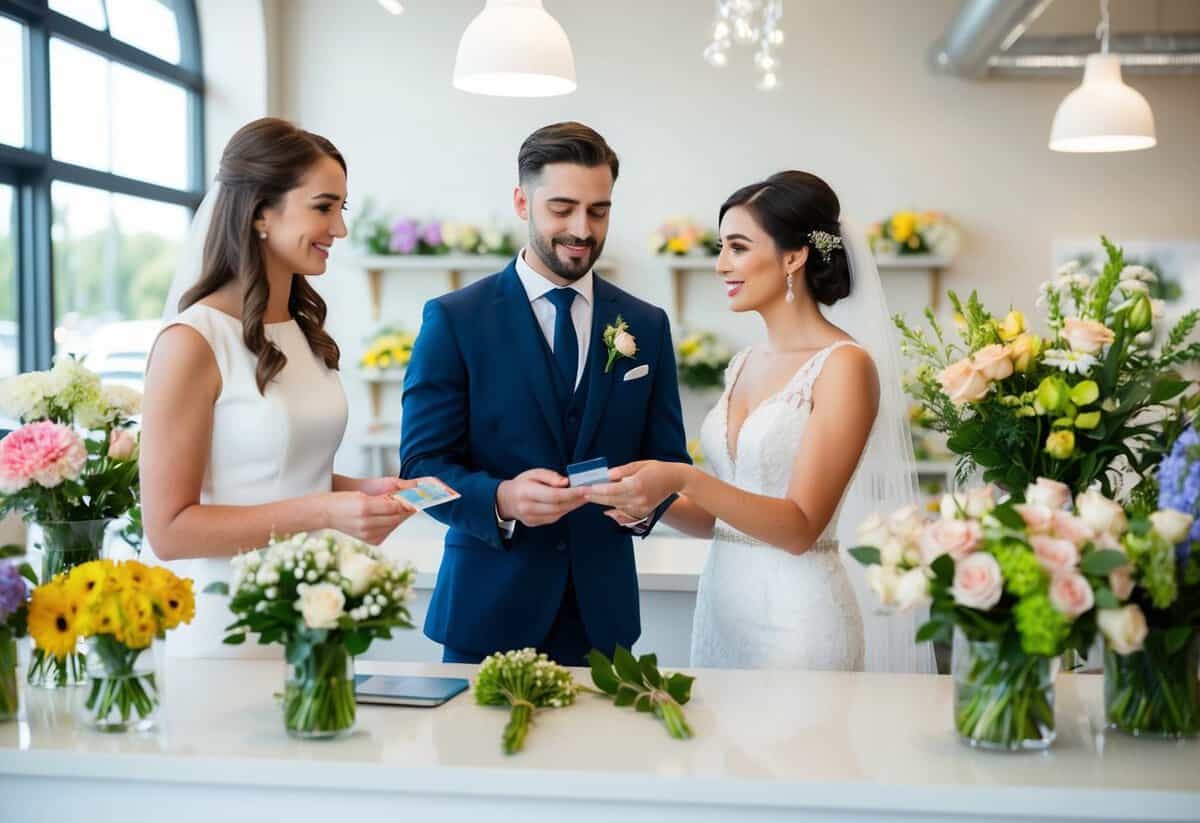 A bride and groom stand at a flower shop counter, discussing arrangements with a florist. The couple holds a credit card while the florist presents various flower options