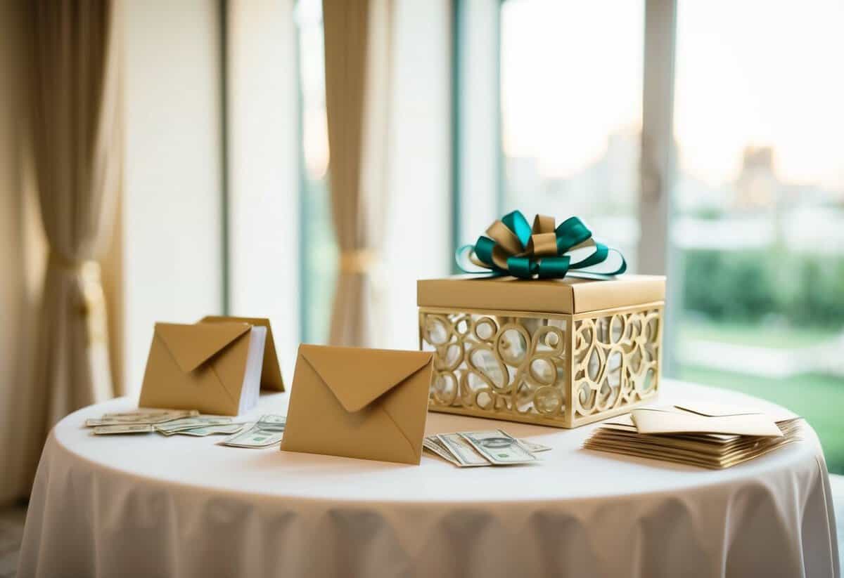 A wedding gift table with envelopes and a decorative box filled with cash